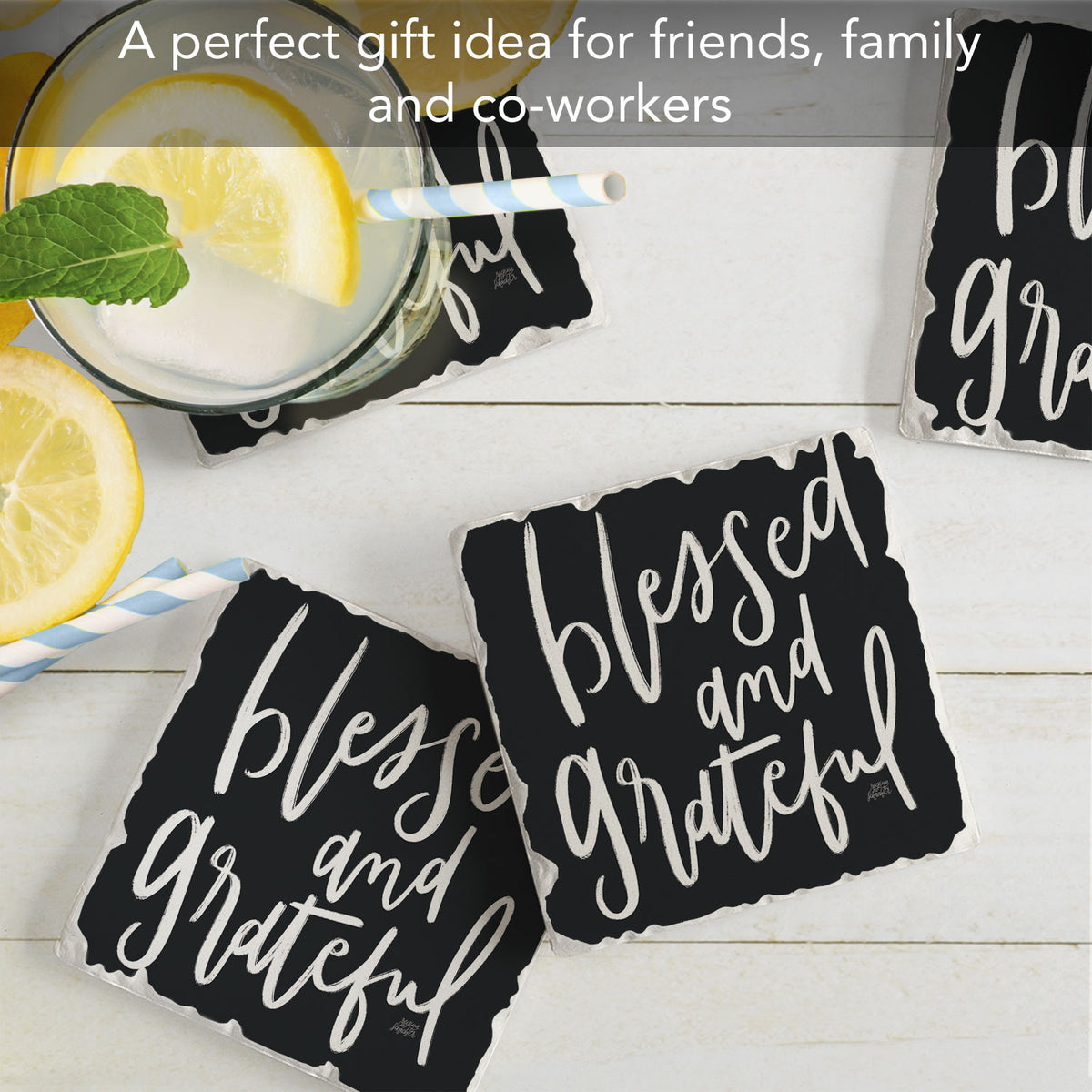 Thirstystone Blessed & Grateful 4 Pack Tumbled Tile Stone Coasters 4" Square Manufactured in the USA