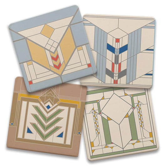 Chevron Designs by Frank Lloyd Wright 4-Pack Assorted Stone Coasters with Protective Cork Backing Manufactured in The USA Absorbent Easily Wipes Clean