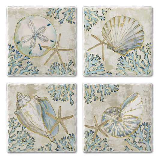 Thirstystone Playa Shells 4 Pack Assorted Tumbled Tile Stone Coasters 4" Square