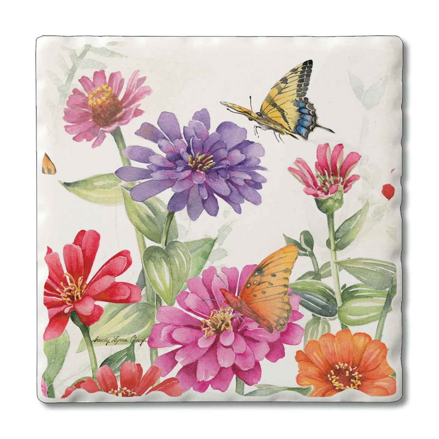 Thirstystone Zinnias & Butterflies 4 Pack Tumbled Tile Stone Coasters 4" Square Manufactured in the USA