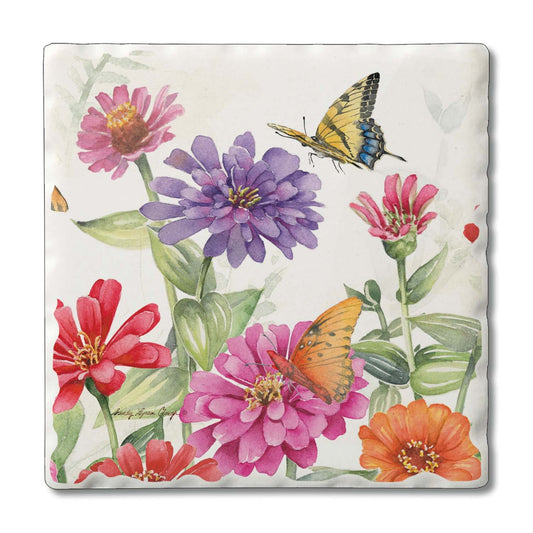 Thirstystone Zinnias & Butterflies 4 Pack Tumbled Tile Stone Coasters 4" Square Manufactured in the USA