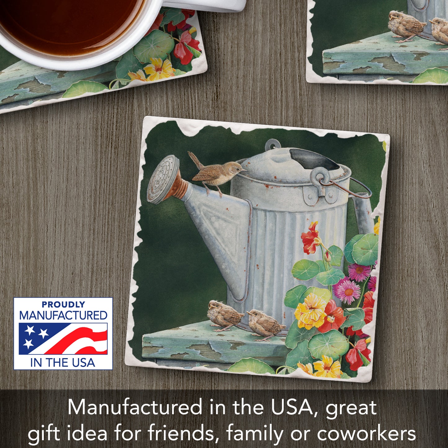 Thirstystone Watering Birds Single Tumbled Tile Stone Coaster with Protective Cork Backing Manufactured in The USA 4" Square, Artistic, Easily Wipes Clean