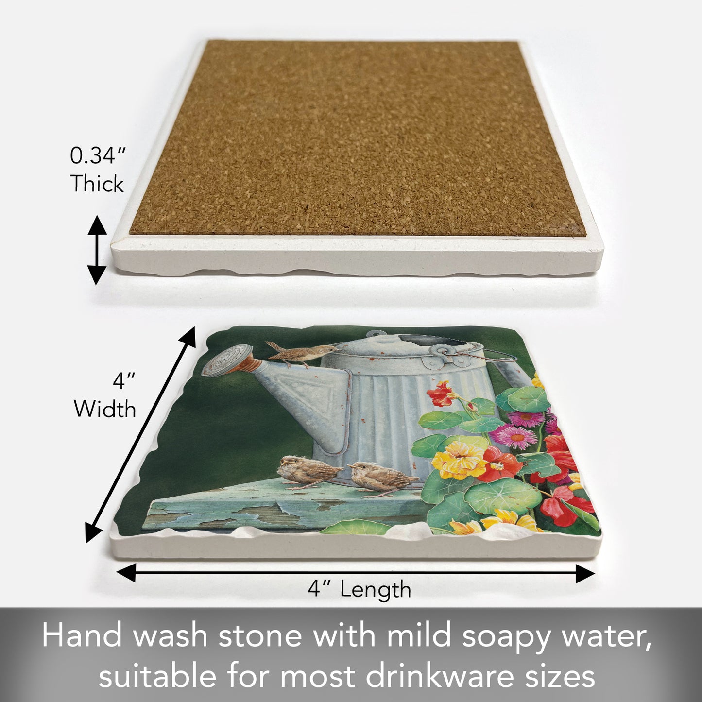 Thirstystone Watering Birds Single Tumbled Tile Stone Coaster with Protective Cork Backing Manufactured in The USA 4" Square, Artistic, Easily Wipes Clean