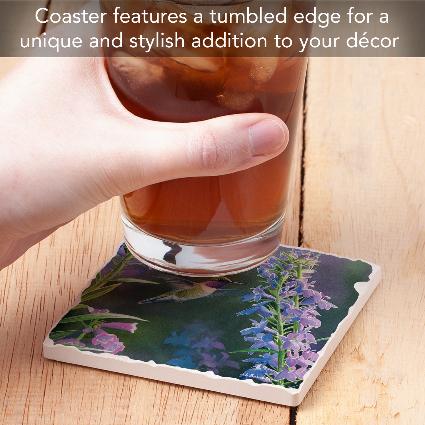 Thirstystone Purple Hummingbird Floral Single Tumbled Tile Stone Coaster with Protective Cork Backing Manufactured in The USA 4" Square, Artistic, Easily Wipes Clean