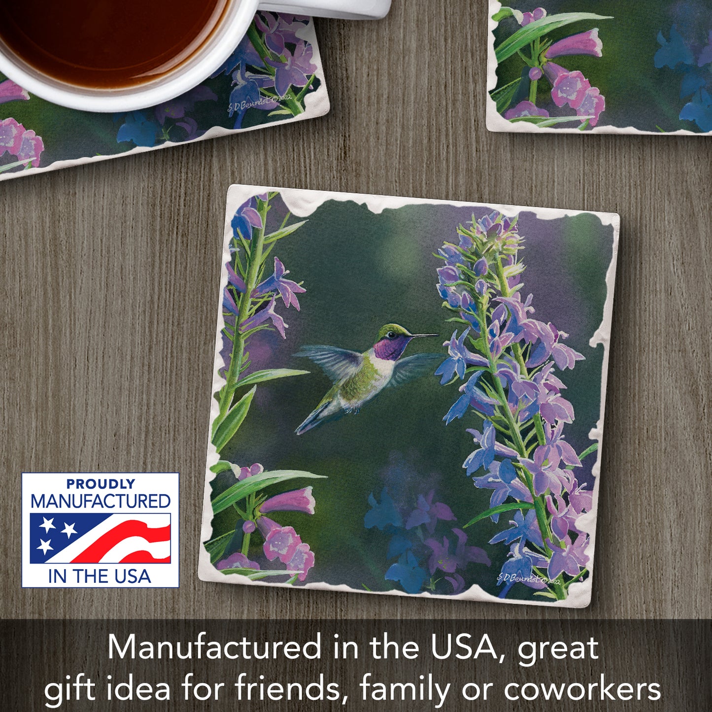 Thirstystone Purple Hummingbird Floral Single Tumbled Tile Stone Coaster with Protective Cork Backing Manufactured in The USA 4" Square, Artistic, Easily Wipes Clean
