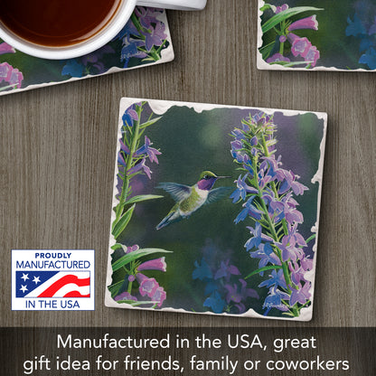 Thirstystone Purple Hummingbird Floral Single Tumbled Tile Stone Coaster with Protective Cork Backing Manufactured in The USA 4" Square, Artistic, Easily Wipes Clean