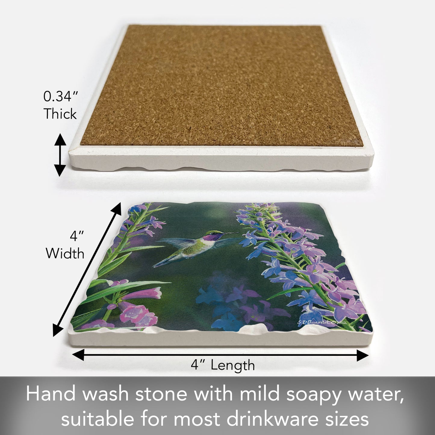 Thirstystone Purple Hummingbird Floral Single Tumbled Tile Stone Coaster with Protective Cork Backing Manufactured in The USA 4" Square, Artistic, Easily Wipes Clean