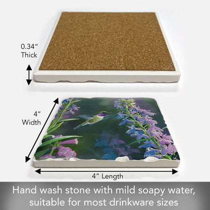 Thirstystone Purple Hummingbird Floral Single Tumbled Tile Stone Coaster with Protective Cork Backing Manufactured in The USA 4" Square, Artistic, Easily Wipes Clean