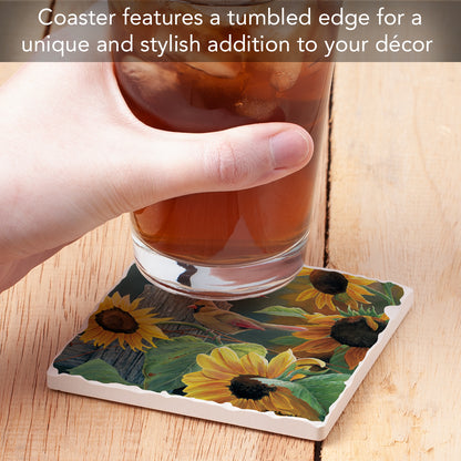 Thirstystone Cardinal & Sunflowers Single Tumbled Tile Stone Coaster with Protective Cork Backing Manufactured in The USA 4" Square, Artistic, Easily Wipes Clean