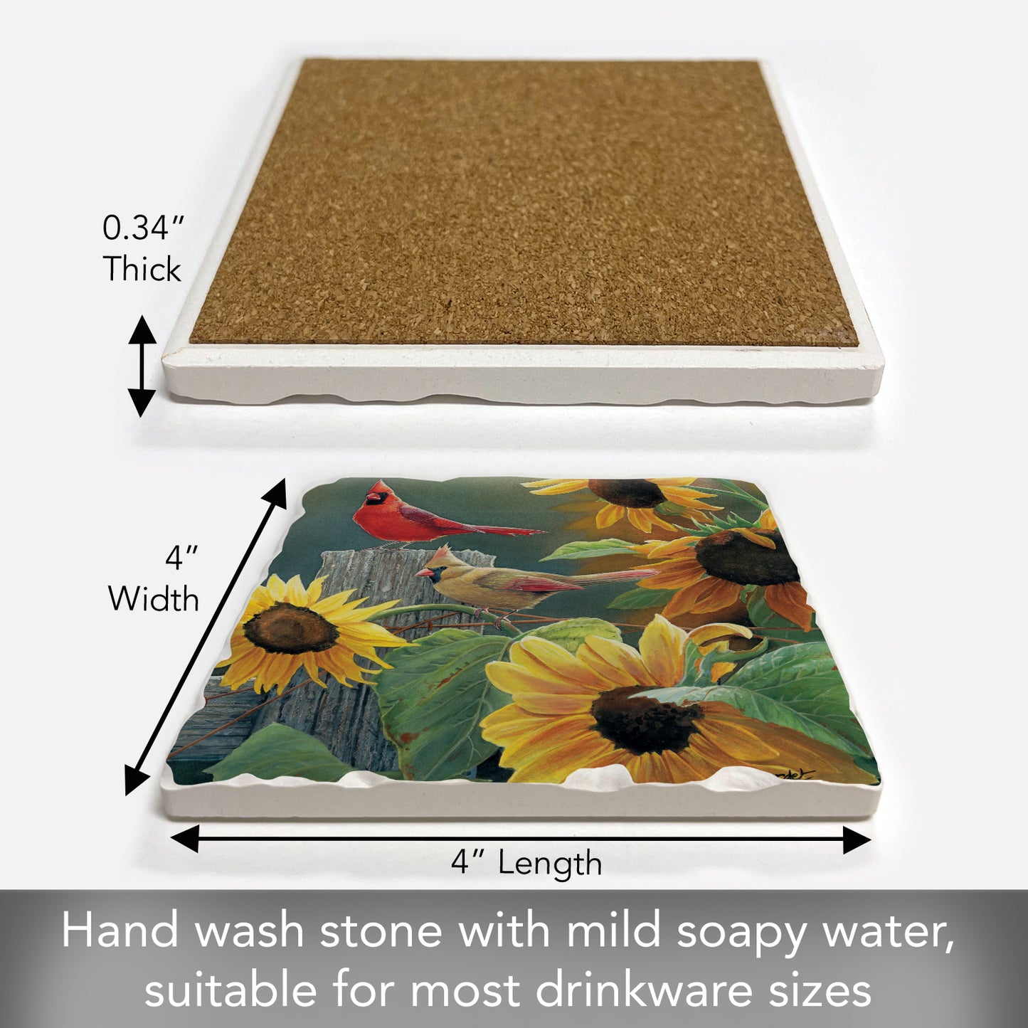 Thirstystone Cardinal & Sunflowers Single Tumbled Tile Stone Coaster with Protective Cork Backing Manufactured in The USA 4" Square, Artistic, Easily Wipes Clean