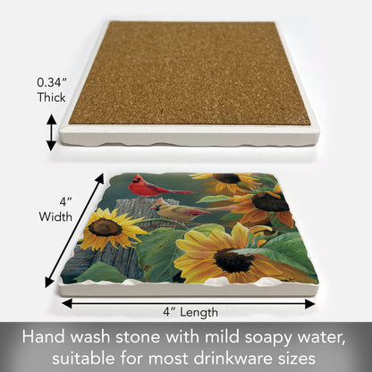 Thirstystone Cardinal & Sunflowers Single Tumbled Tile Stone Coaster with Protective Cork Backing Manufactured in The USA 4" Square, Artistic, Easily Wipes Clean