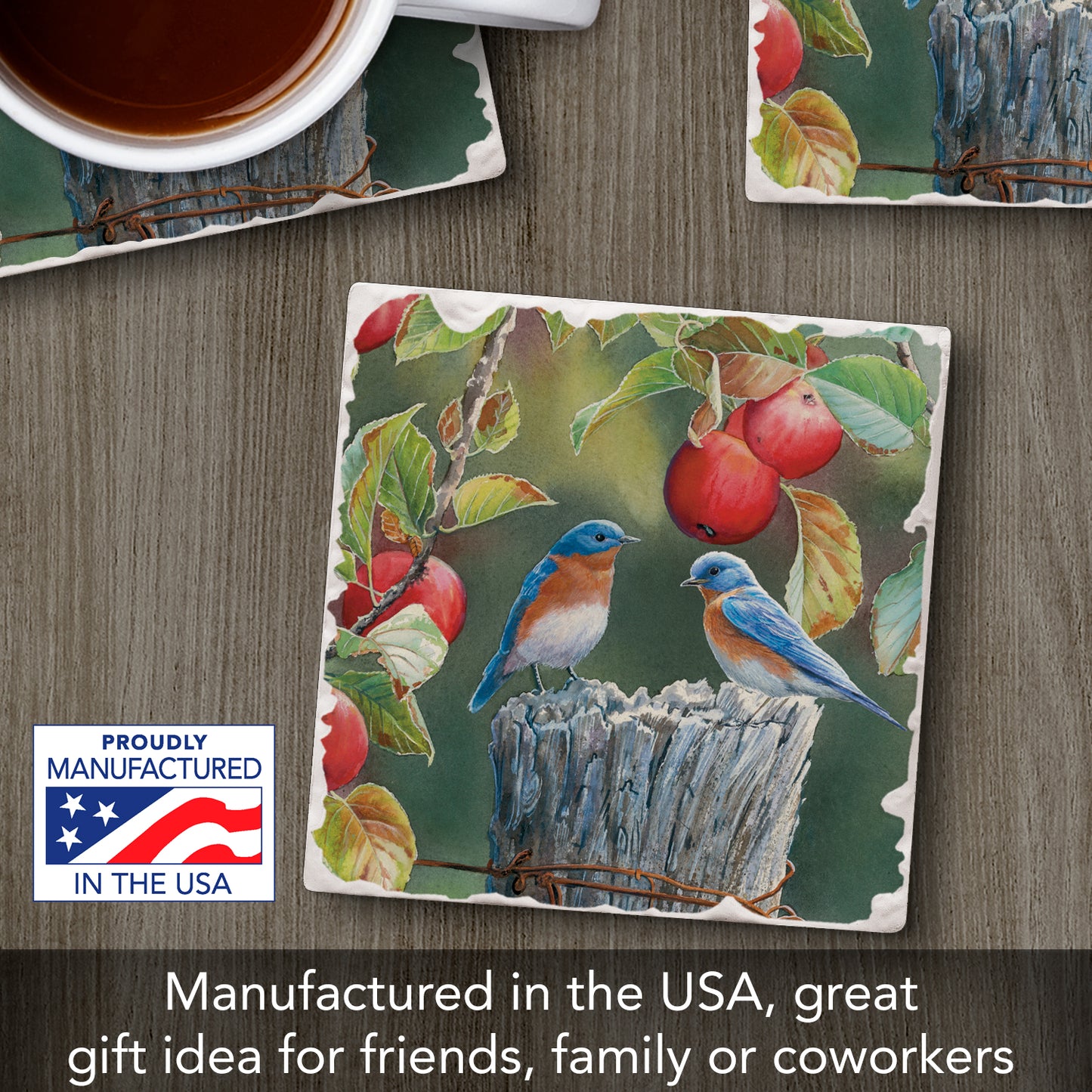 Thirstystone Bluebird Pair Single Tumbled Tile Stone Coaster with Protective Cork Backing Manufactured in The USA 4" Square, Artistic, Easily Wipes Clean