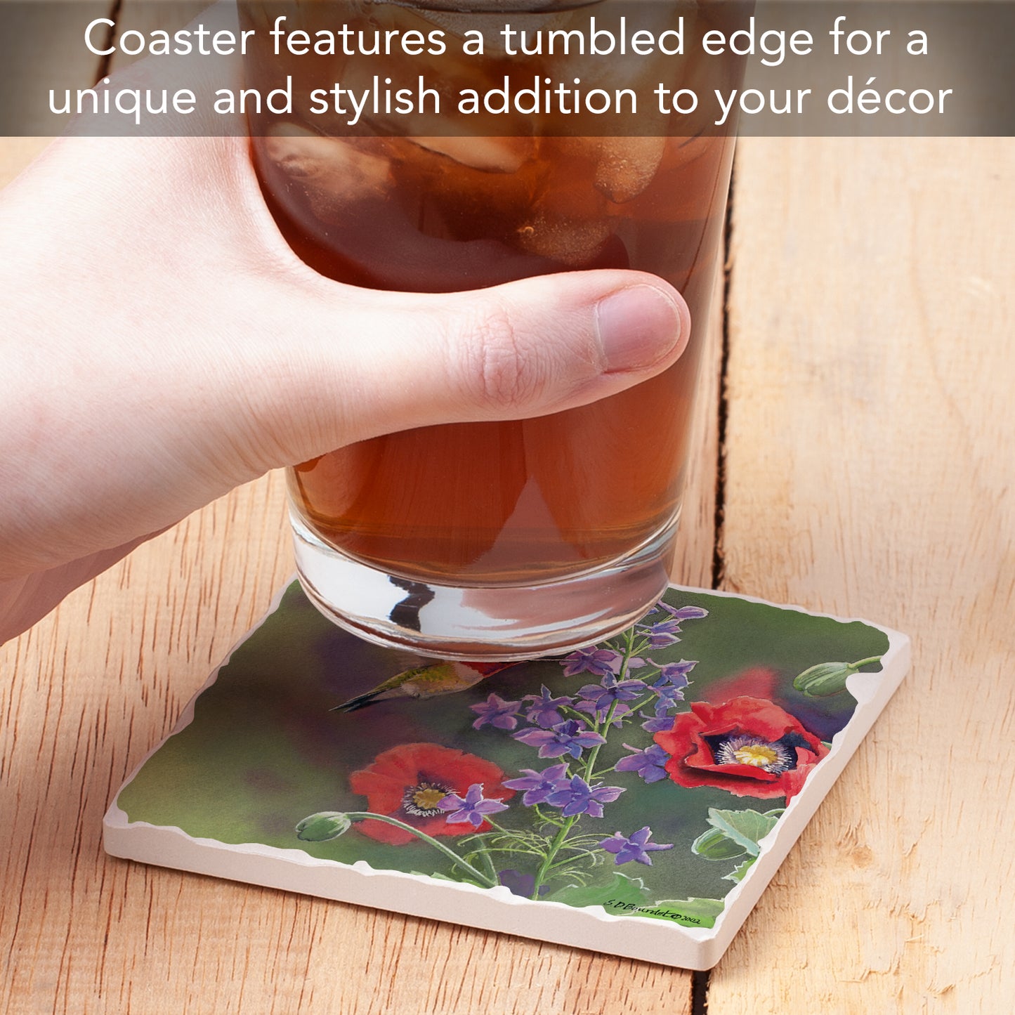 Thirstystone Floating Hummingbird Single Tumbled Tile Stone Coaster with Protective Cork Backing Manufactured in The USA 4" Square, Artistic, Easily Wipes Clean