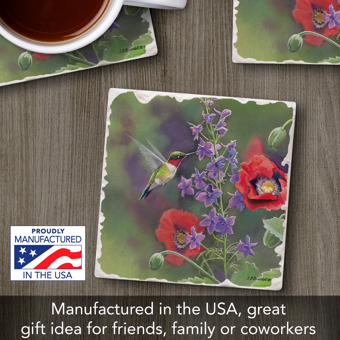 Thirstystone Floating Hummingbird Single Tumbled Tile Stone Coaster with Protective Cork Backing Manufactured in The USA 4" Square, Artistic, Easily Wipes Clean