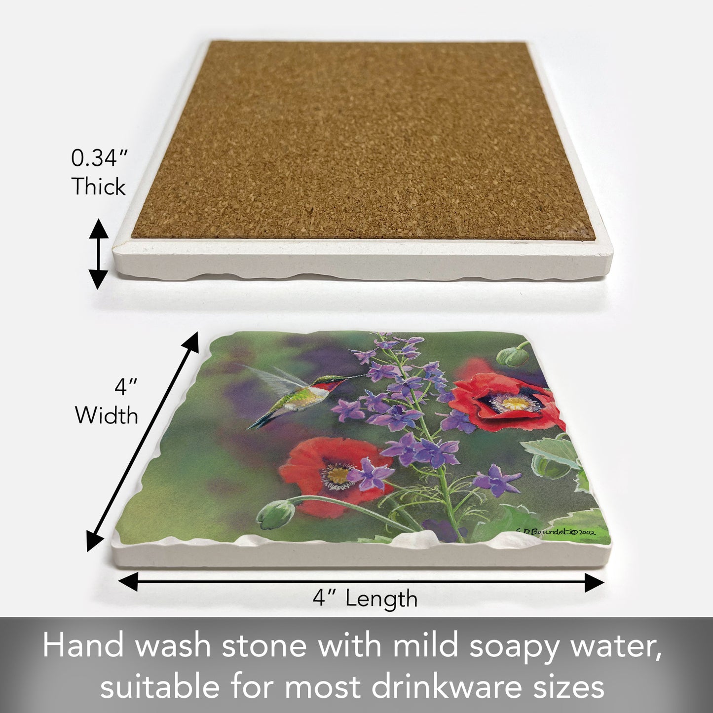 Thirstystone Floating Hummingbird Single Tumbled Tile Stone Coaster with Protective Cork Backing Manufactured in The USA 4" Square, Artistic, Easily Wipes Clean