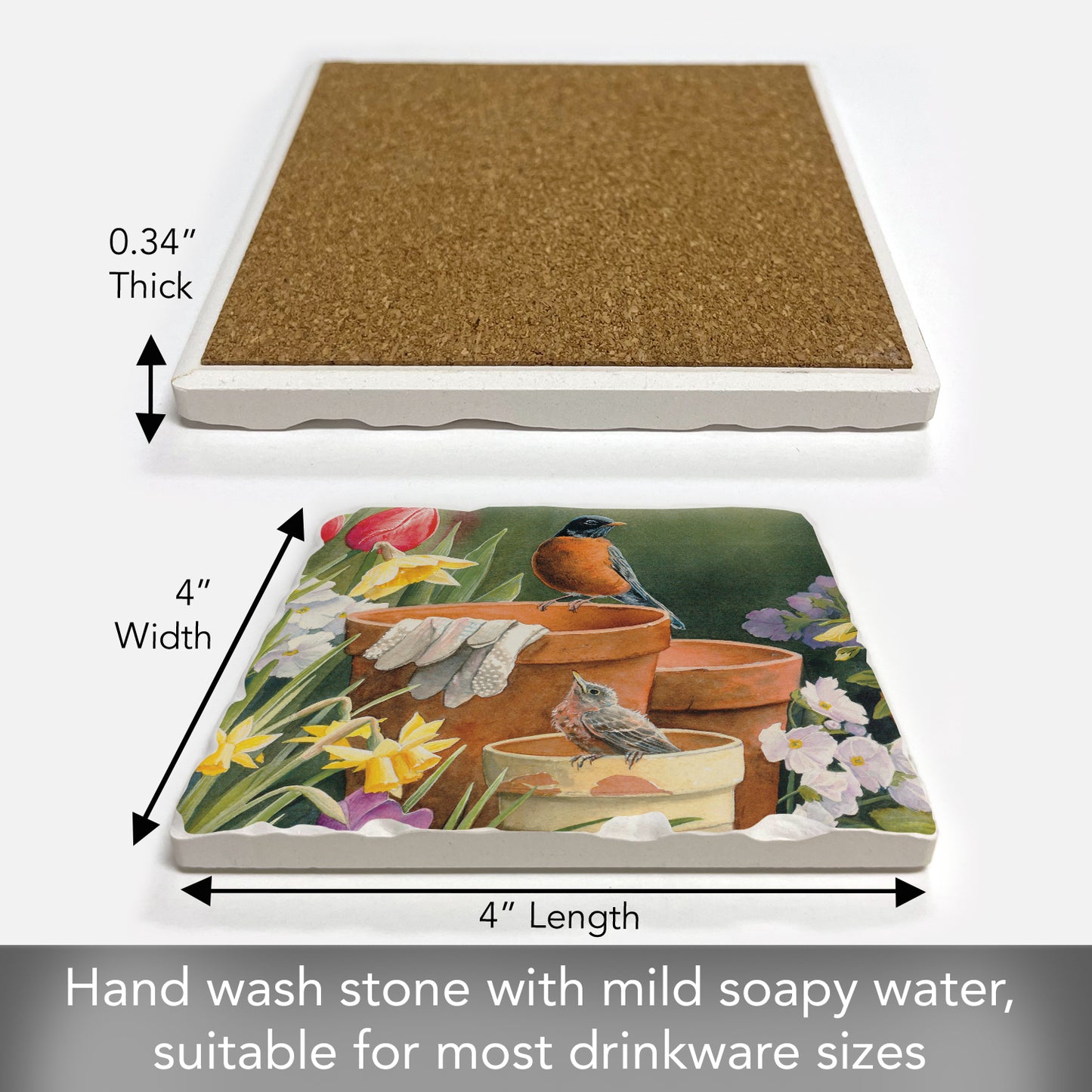 Thirstystone Gardening Friends Single Tumbled Tile Stone Coaster with Protective Cork Backing Manufactured in The USA 4" Square, Artistic, Easily Wipes Clean
