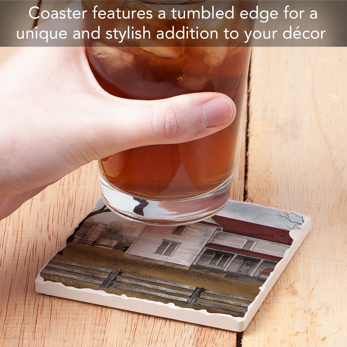 Thirstystone Family Farm Single Tumbled Tile Stone Coaster with Protective Cork Backing Manufactured in The USA 4" Square, Artistic, Easily Wipes Clean