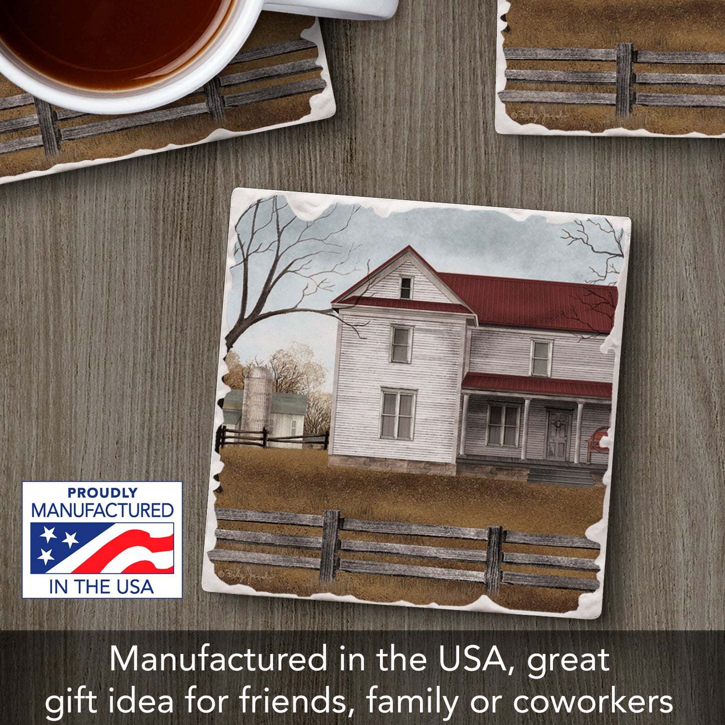 Thirstystone Family Farm Single Tumbled Tile Stone Coaster with Protective Cork Backing Manufactured in The USA 4" Square, Artistic, Easily Wipes Clean