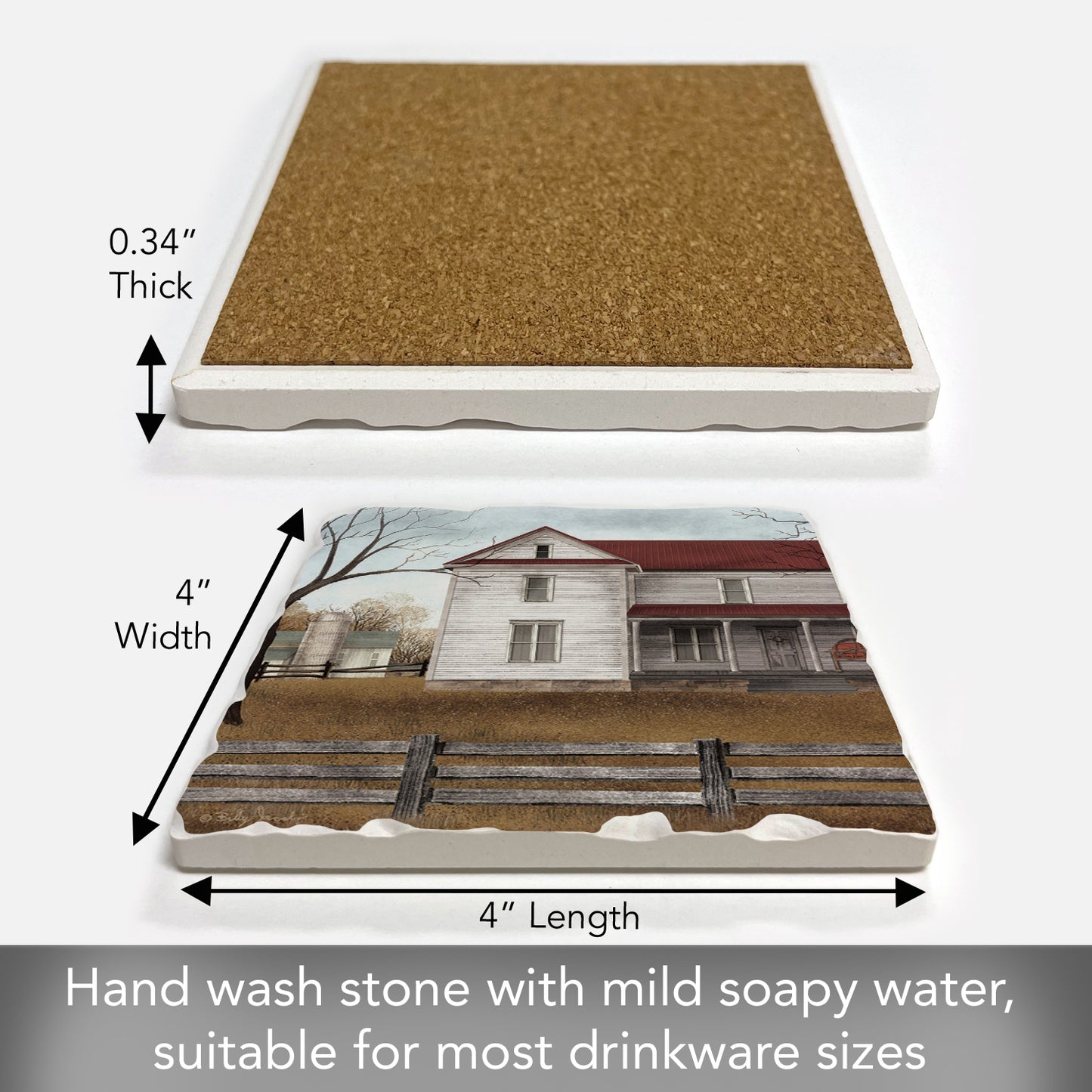 Thirstystone Family Farm Single Tumbled Tile Stone Coaster with Protective Cork Backing Manufactured in The USA 4" Square, Artistic, Easily Wipes Clean