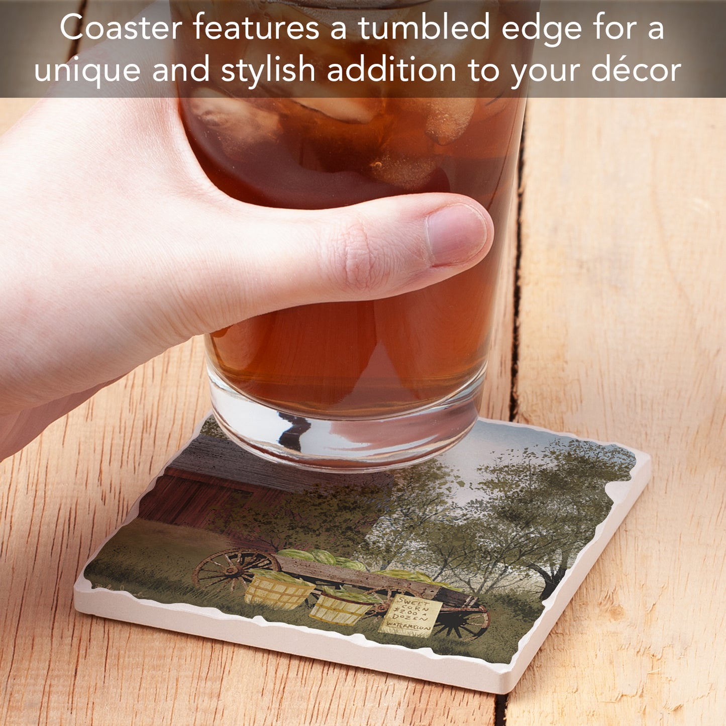 Thirstystone Produce Wagon Single Tumbled Tile Stone Coaster with Protective Cork Backing Manufactured in The USA 4" Square, Artistic, Easily Wipes Clean