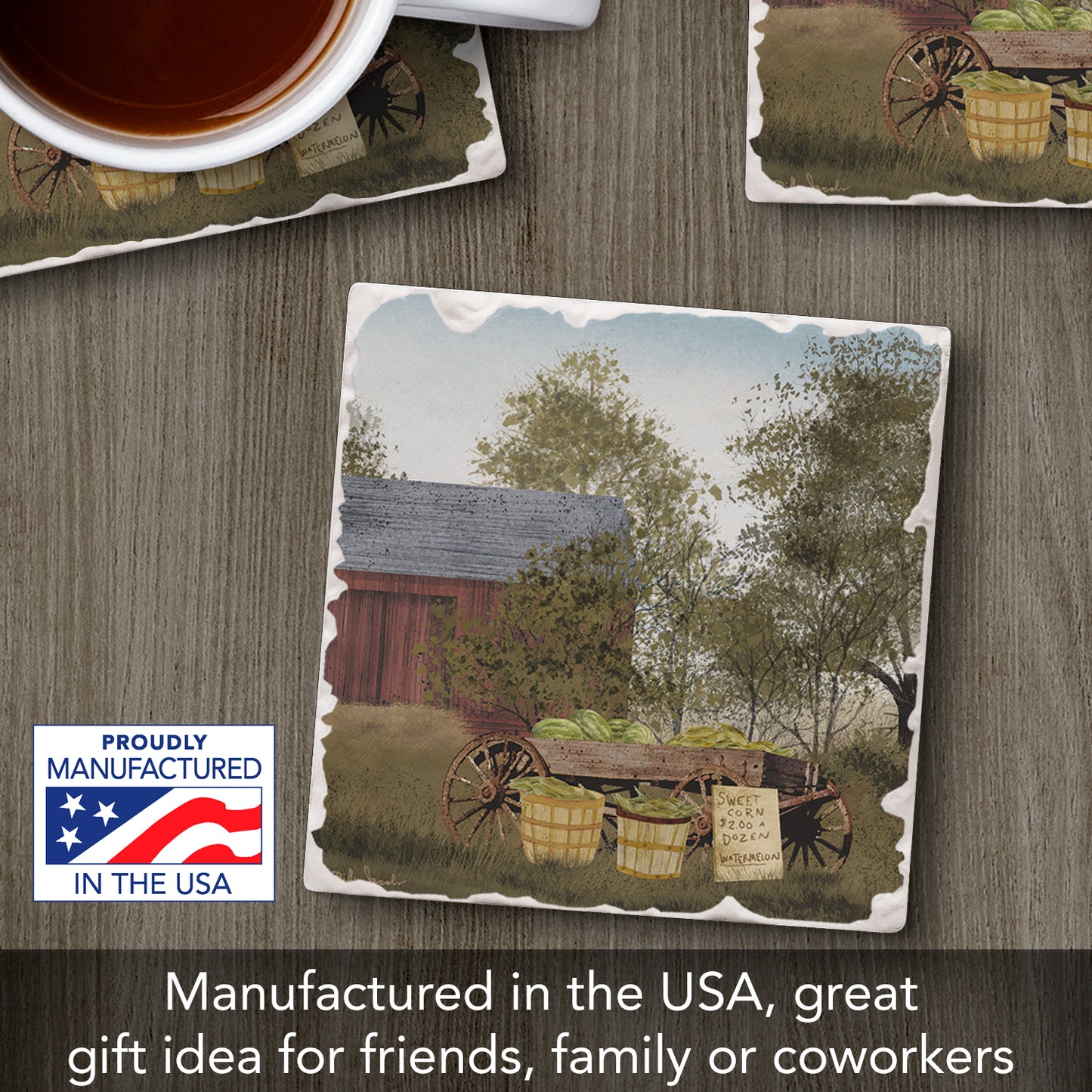 Thirstystone Produce Wagon Single Tumbled Tile Stone Coaster with Protective Cork Backing Manufactured in The USA 4" Square, Artistic, Easily Wipes Clean
