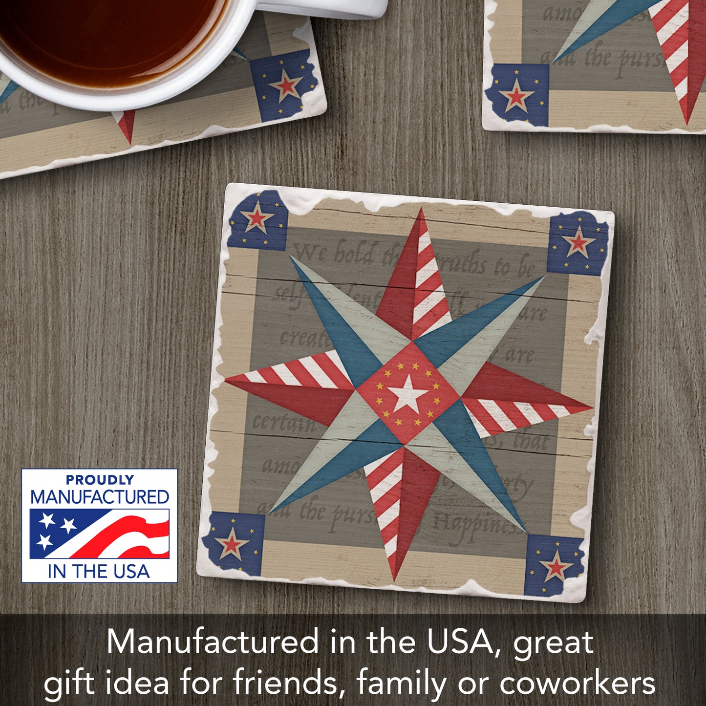 Thirstystone American Guiding Star Quilt Design Single Tumbled Tile Stone Coaster with Protective Cork Backing Manufactured in The USA 4" Square, Colorful, Artistiic, Easily Wipes Clean
