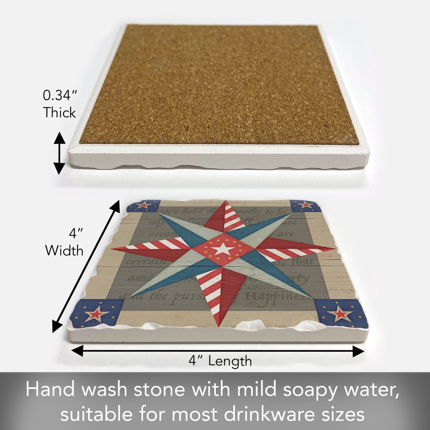 Thirstystone American Guiding Star Quilt Design Single Tumbled Tile Stone Coaster with Protective Cork Backing Manufactured in The USA 4" Square, Colorful, Artistiic, Easily Wipes Clean