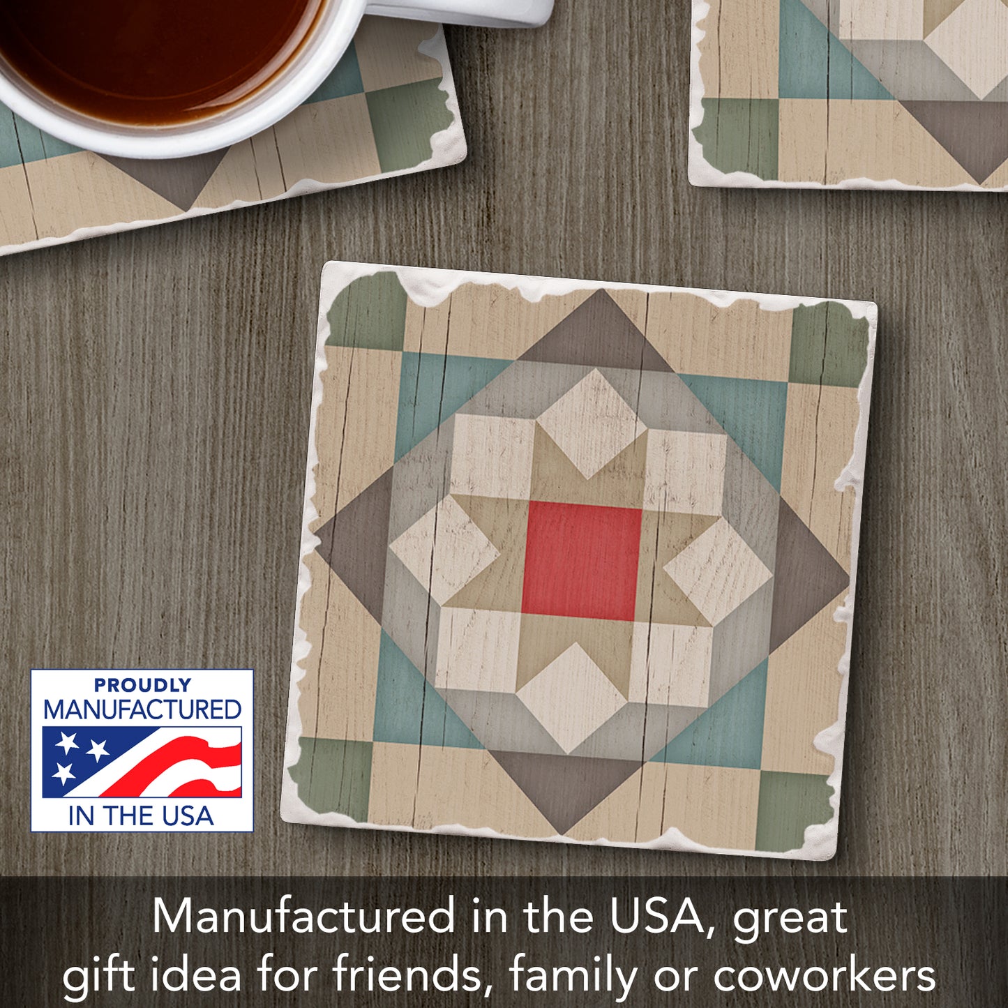 Thirstystone Quilt Design Barn Star Single Tumbled Tile Stone Coaster with Protective Cork Backing Manufactured in The USA 4" Square