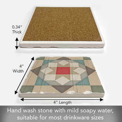Thirstystone Quilt Design Barn Star Single Tumbled Tile Stone Coaster with Protective Cork Backing Manufactured in The USA 4" Square