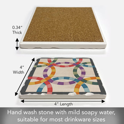 Thirstystone Quilt Design Double Wedding Ring Single Tumbled Tile Stone Coaster with Protective Cork Backing Manufactured in The USA 4" Square, Artistic, Easily Wipes Clean