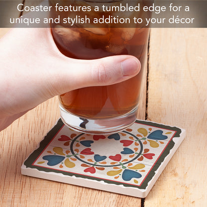 Thirstystone Quilt Design Folk Hearts & Flowers Single Tumbled Tile Stone Coaster with Protective Cork Backing Manufactured in The USA 4" Square, Artistic, Easily Wipes Clean