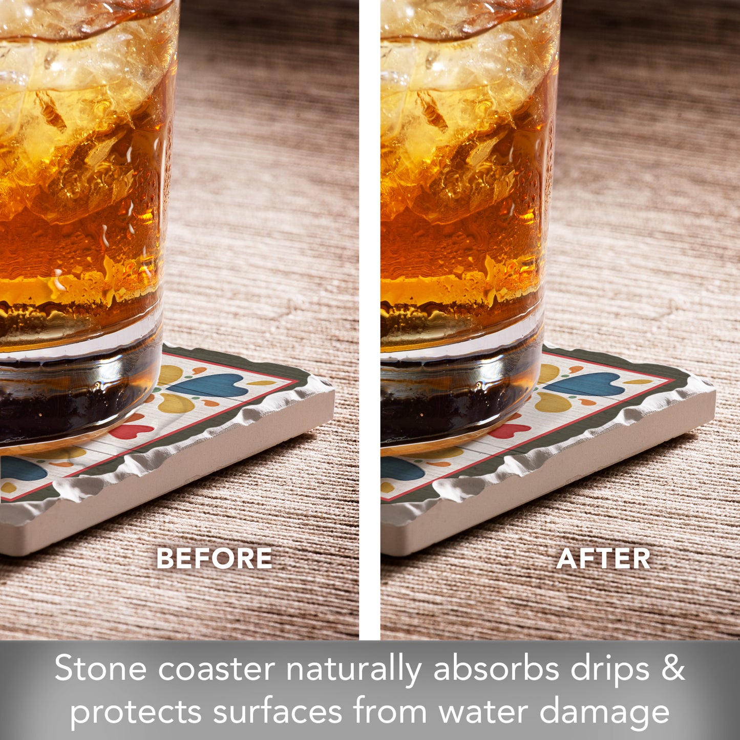 Thirstystone Quilt Design Folk Hearts & Flowers Single Tumbled Tile Stone Coaster with Protective Cork Backing Manufactured in The USA 4" Square, Artistic, Easily Wipes Clean