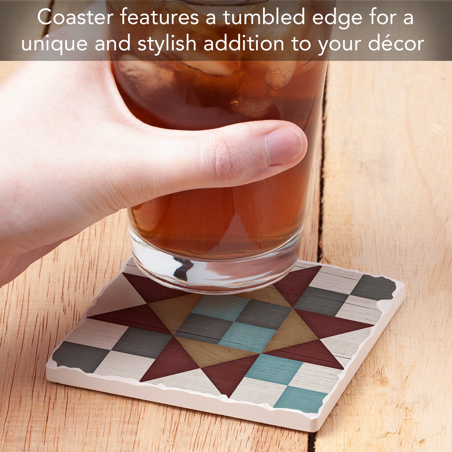 Thirstystone Quilt Design Friendship Star Single Tumbled Tile Stone Coaster with Protective Cork Backing Manufactured in The USA 4" Square, Artistic, Easily Wipes Clean