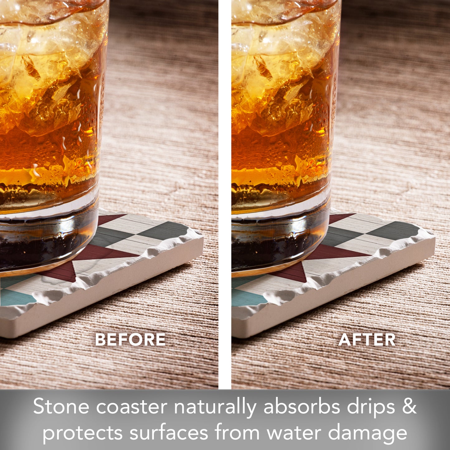 Thirstystone Quilt Design Friendship Star Single Tumbled Tile Stone Coaster with Protective Cork Backing Manufactured in The USA 4" Square, Artistic, Easily Wipes Clean