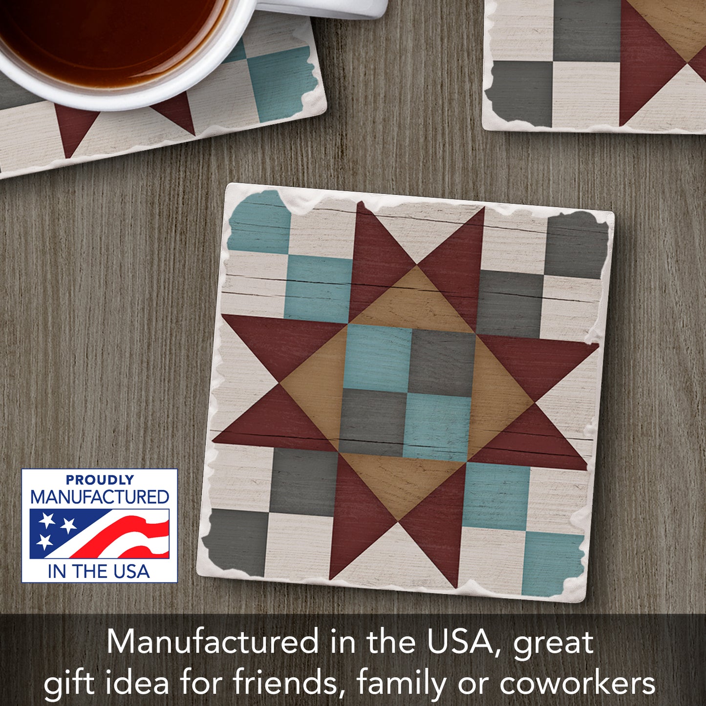 Thirstystone Quilt Design Friendship Star Single Tumbled Tile Stone Coaster with Protective Cork Backing Manufactured in The USA 4" Square, Artistic, Easily Wipes Clean