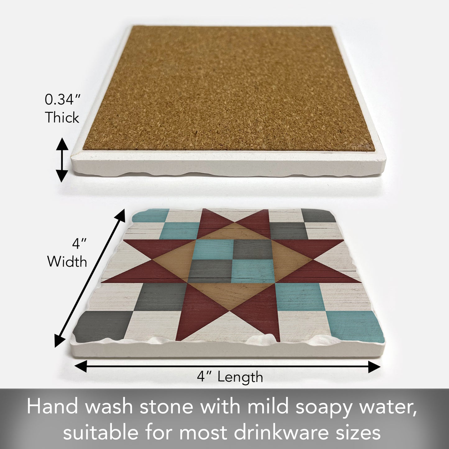 Thirstystone Quilt Design Friendship Star Single Tumbled Tile Stone Coaster with Protective Cork Backing Manufactured in The USA 4" Square, Artistic, Easily Wipes Clean