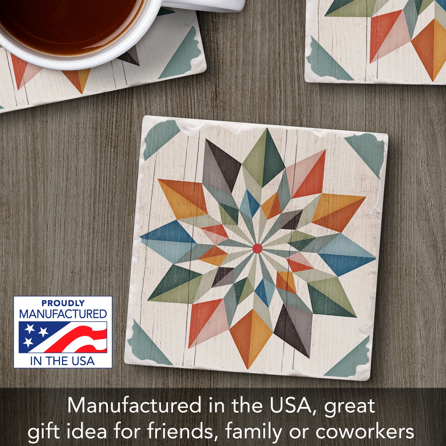Thirstystone Quilt Design Hex Star Single Tumbled Tile Stone Coaster with Protective Cork Backing Manufactured in The USA 4" Square, Artistic, Easily Wipes Clean