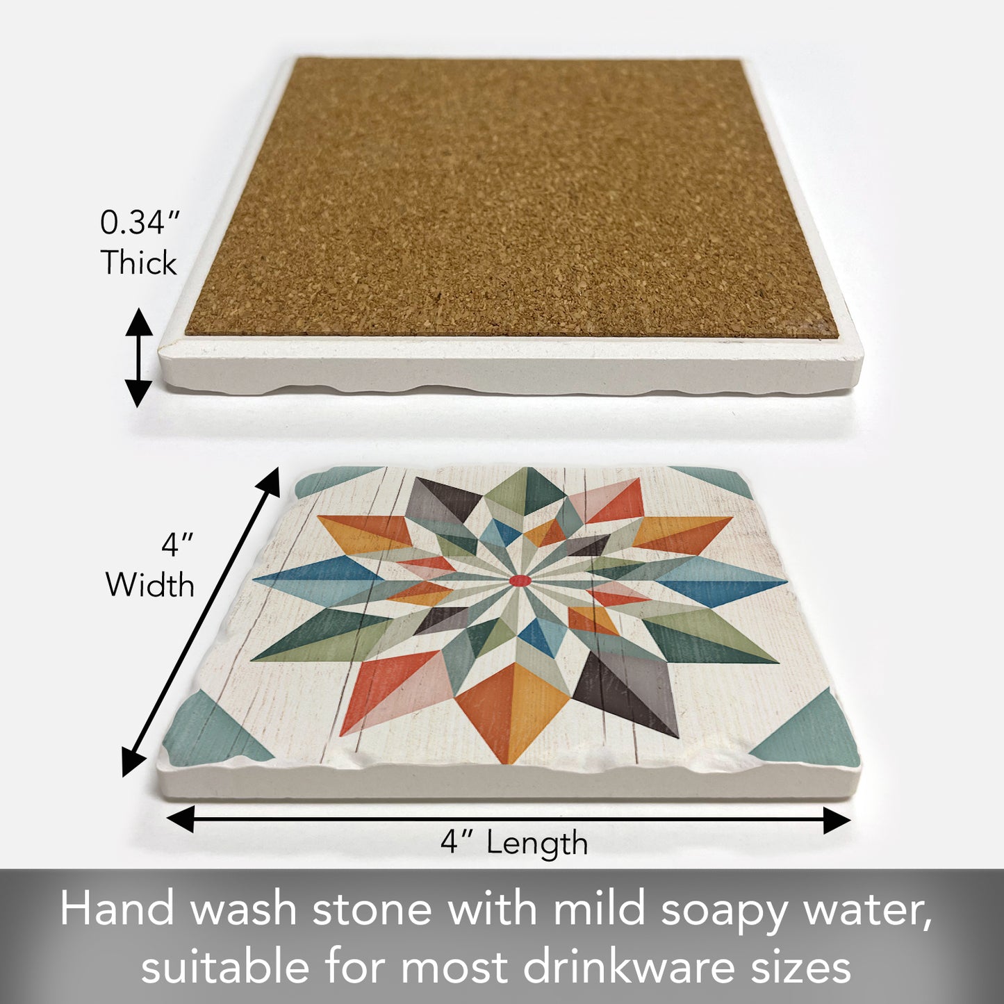 Thirstystone Quilt Design Hex Star Single Tumbled Tile Stone Coaster with Protective Cork Backing Manufactured in The USA 4" Square, Artistic, Easily Wipes Clean