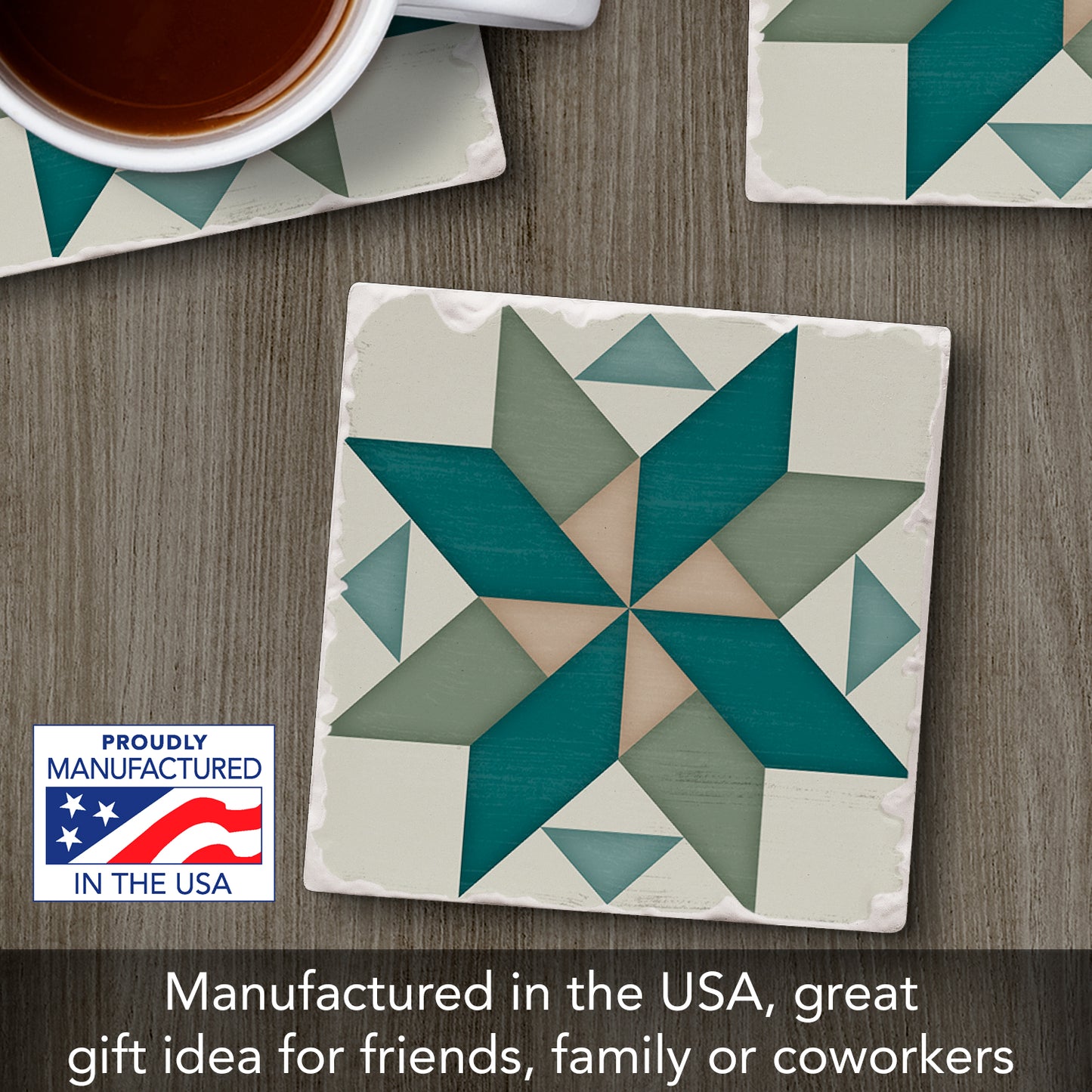Thirstystone Quilt Design Spinning Pinwheel Single Tumbled Tile Stone Coaster with Protective Cork Backing Manufactured in The USA 4" Square