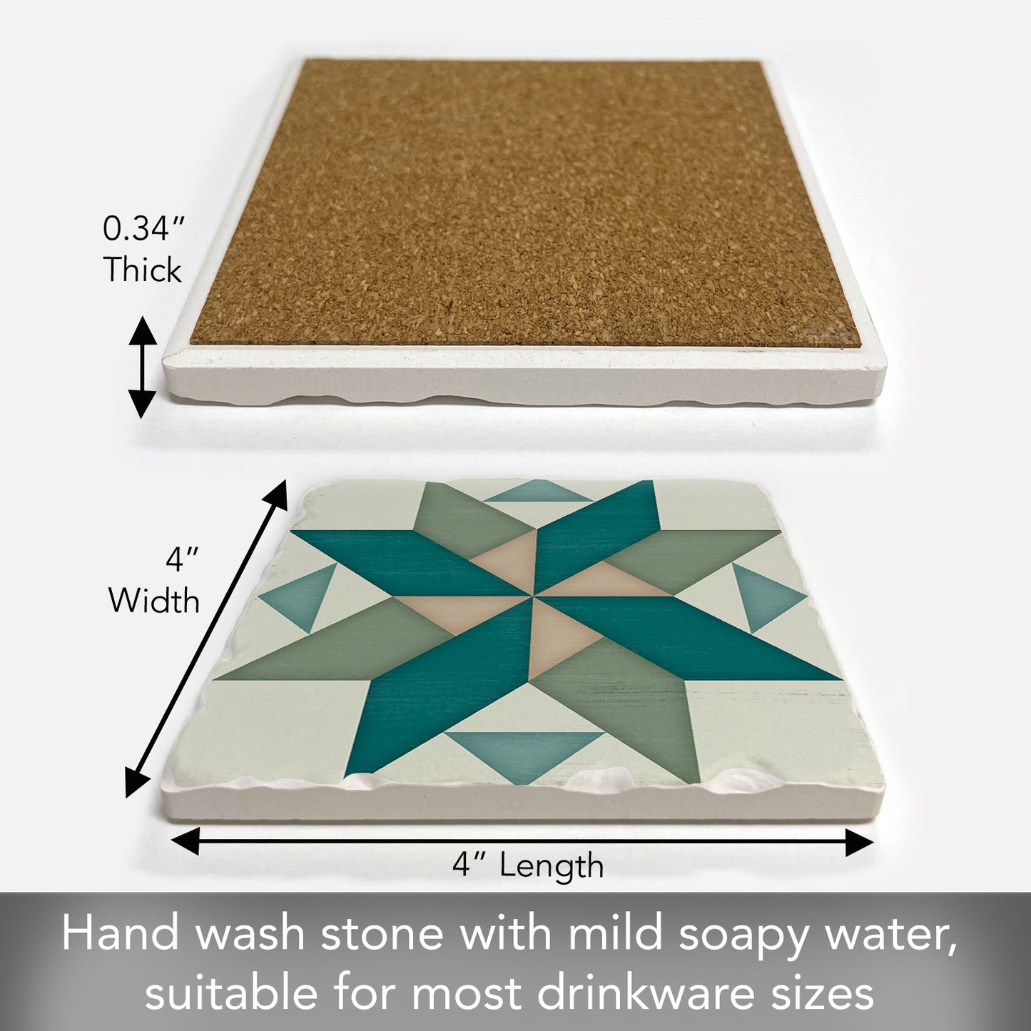 Thirstystone Quilt Design Spinning Pinwheel Single Tumbled Tile Stone Coaster with Protective Cork Backing Manufactured in The USA 4" Square