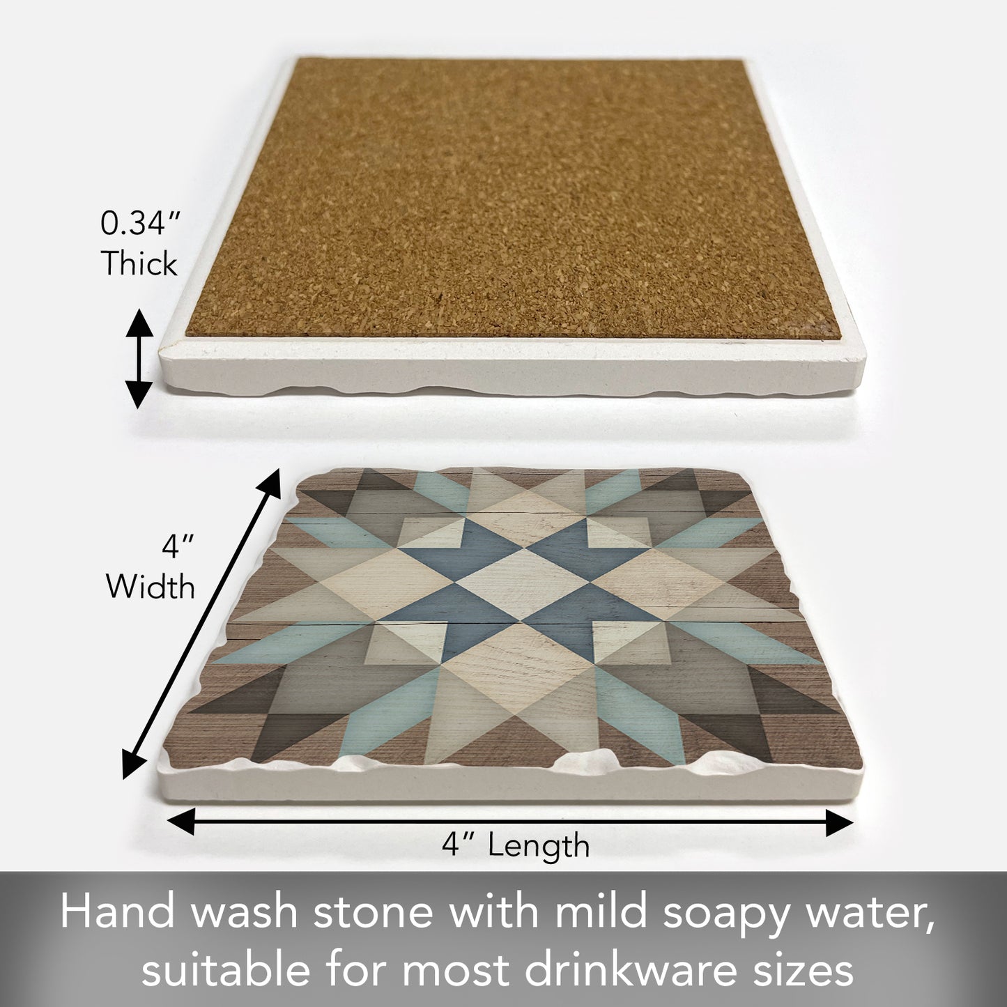 Thirstystone Quilt Design Single Tumbled Tile Stone Coaster with Protective Cork Backing Manufactured in The USA 4" Square, Artistic, Easily Wipes Clean