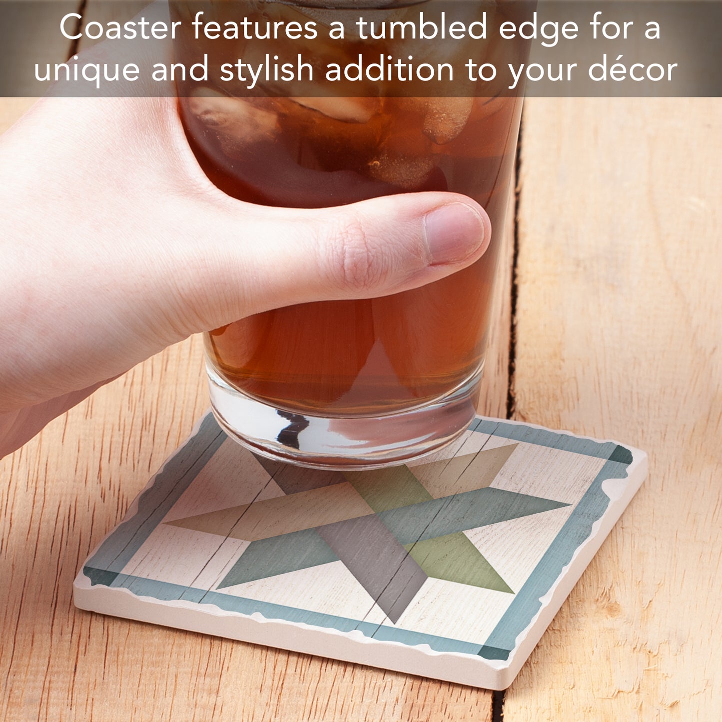 Thirstystone Quilt Design Weave Star Single Tumbled Tile Stone Coaster with Protective Cork Backing Manufactured in The USA 4" Square, Artistic, Easily Wipes Clean