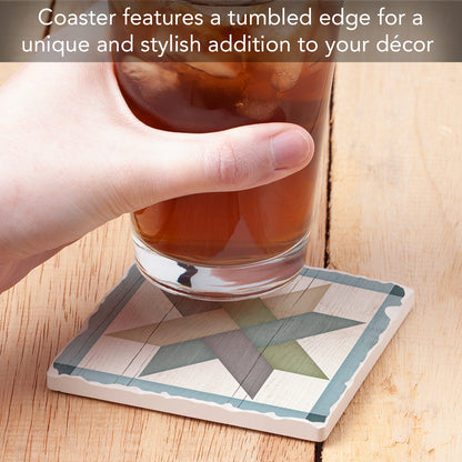 Thirstystone Quilt Design Weave Star Single Tumbled Tile Stone Coaster with Protective Cork Backing Manufactured in The USA 4" Square, Artistic, Easily Wipes Clean