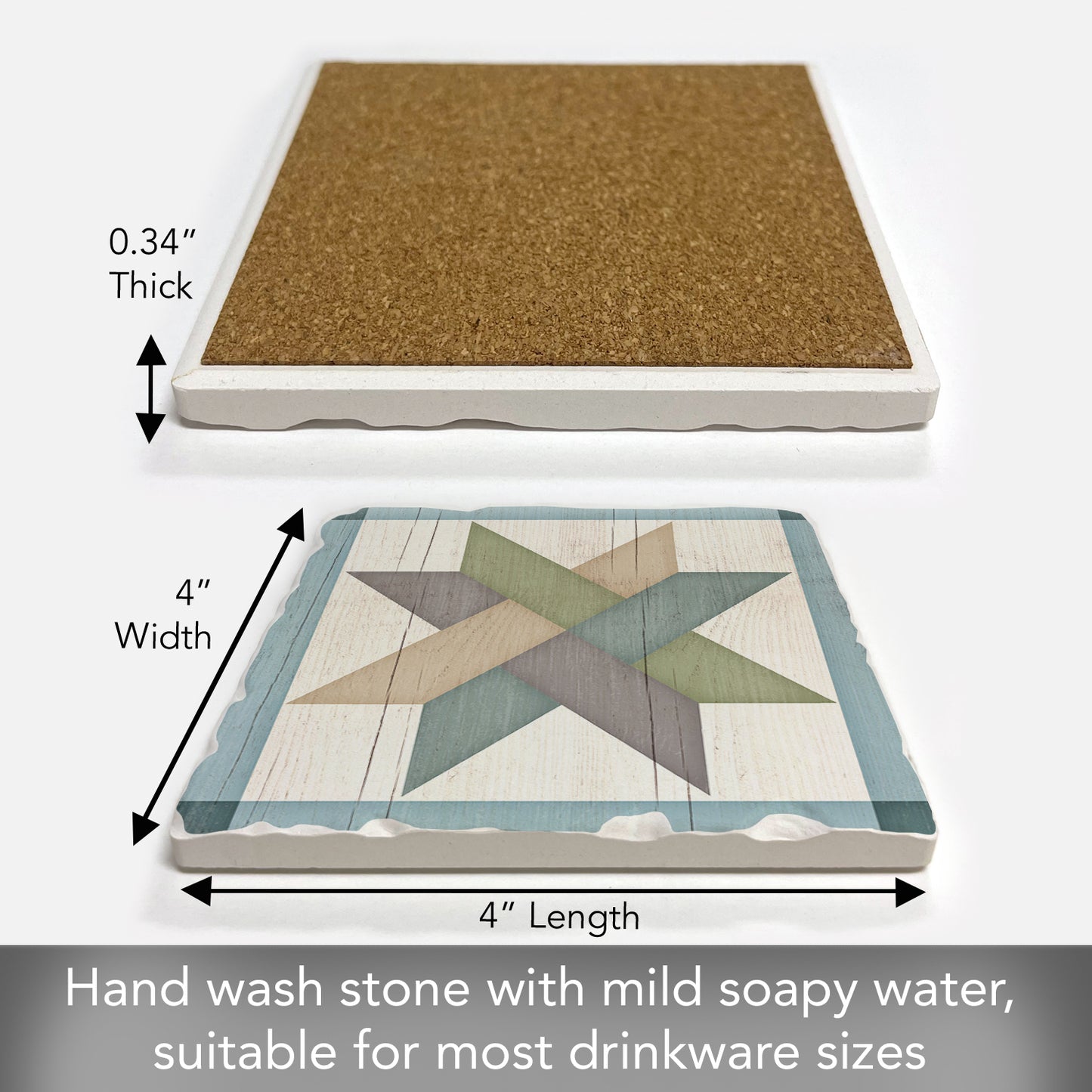 Thirstystone Quilt Design Weave Star Single Tumbled Tile Stone Coaster with Protective Cork Backing Manufactured in The USA 4" Square, Artistic, Easily Wipes Clean