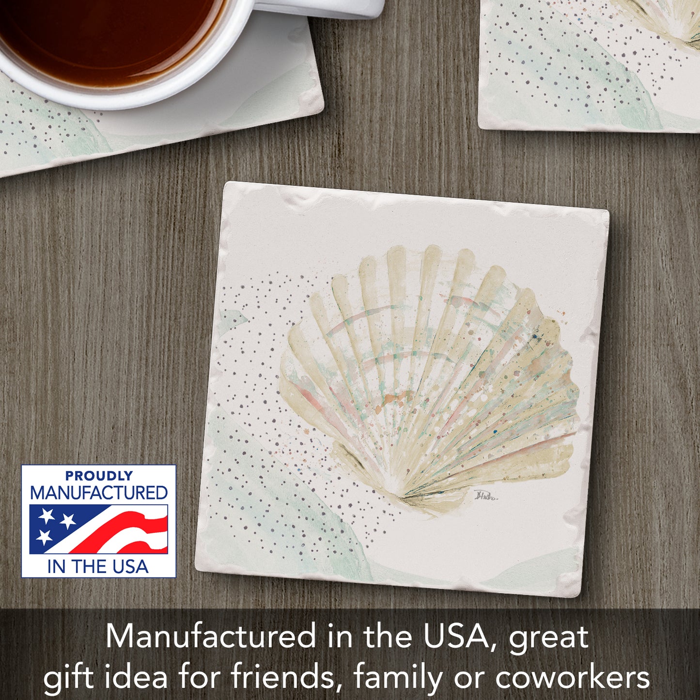 Thirstystone Scallop Single Tumbled Tile Stone Coaster with Protective Cork Backing Manufactured in The USA 4" Square, Colorful, Artistic, Easily Wipes Clean
