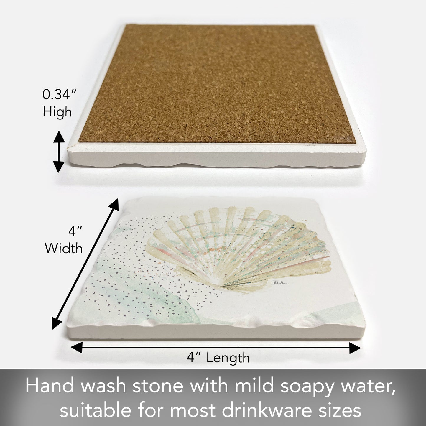 Thirstystone Scallop Single Tumbled Tile Stone Coaster with Protective Cork Backing Manufactured in The USA 4" Square, Colorful, Artistic, Easily Wipes Clean