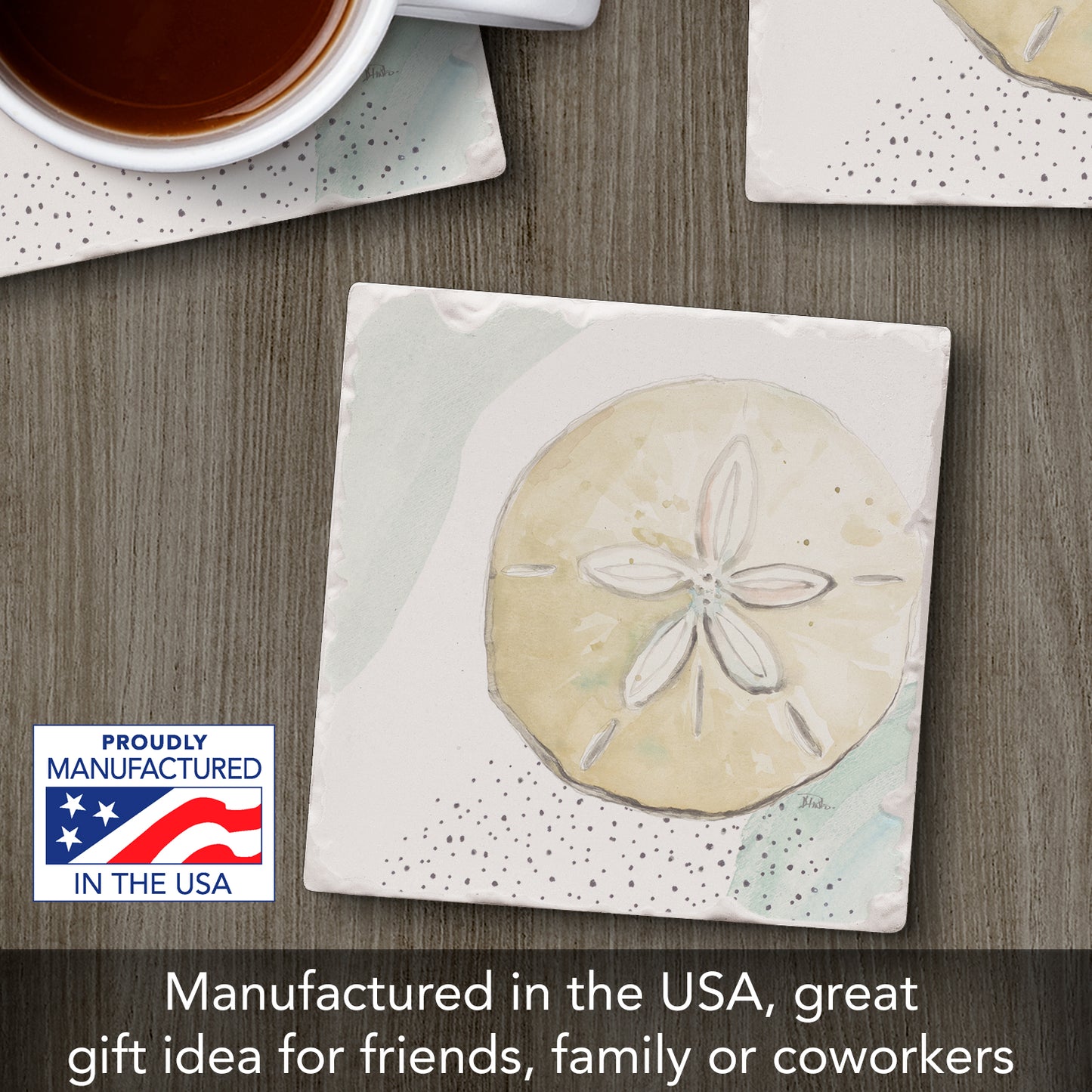 Thirstystone Sand Dollar Single Tumbled Tile Stone Coaster with Protective Cork Backing Manufactured in The USA 4" Square, Colorful, Artistiic, Easily Wipes Clean