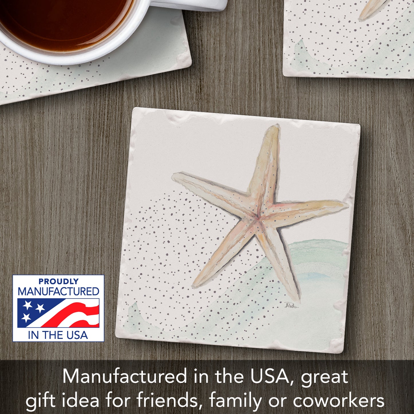 Thirstystone Starfish Single Tumbled Tile Stone Coaster with Protective Cork Backing Manufactured in The USA 4" Square, Colorful, Artistic, Easily Wipes Clean