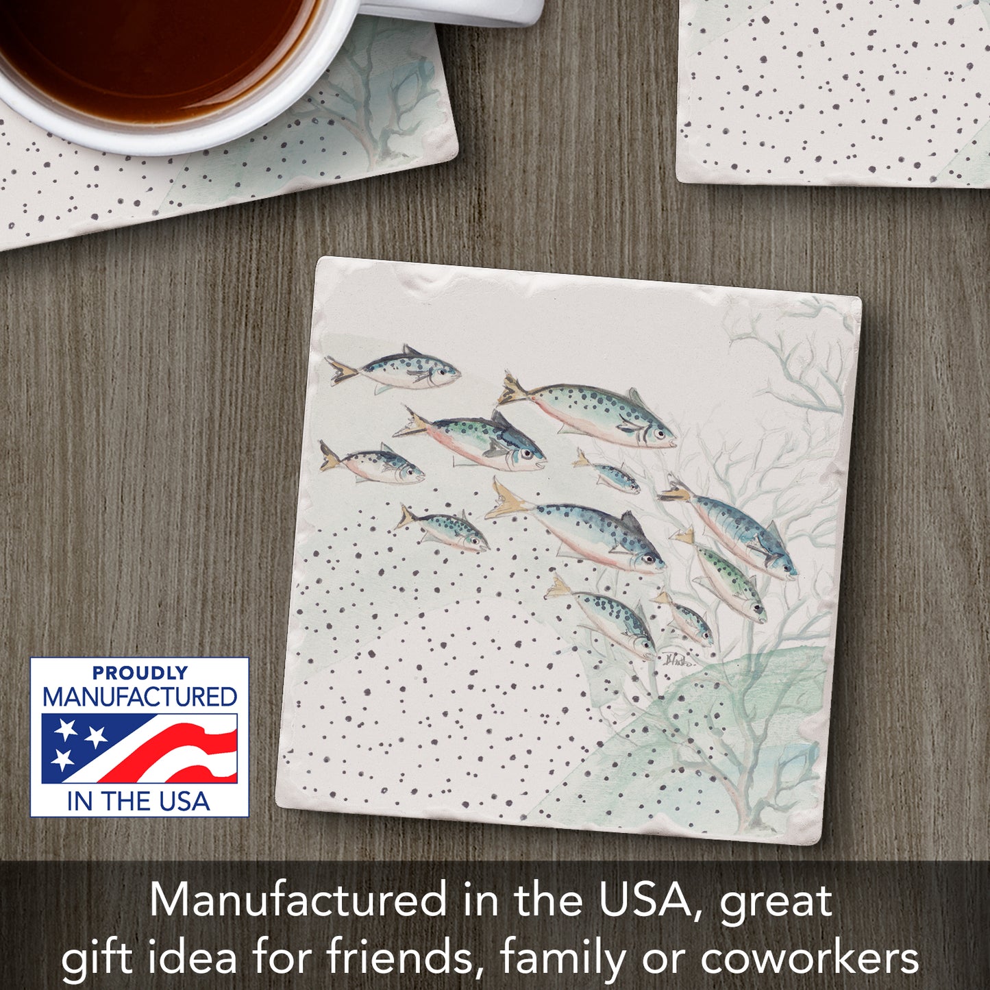 Thirstystone School of Fish Single Tumbled Tile Stone Coaster with Protective Cork Backing Manufactured in The USA 4" Square, Colorful, Artistic, Easily Wipes Clean