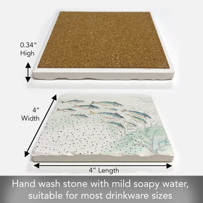 Thirstystone School of Fish Single Tumbled Tile Stone Coaster with Protective Cork Backing Manufactured in The USA 4" Square, Colorful, Artistic, Easily Wipes Clean